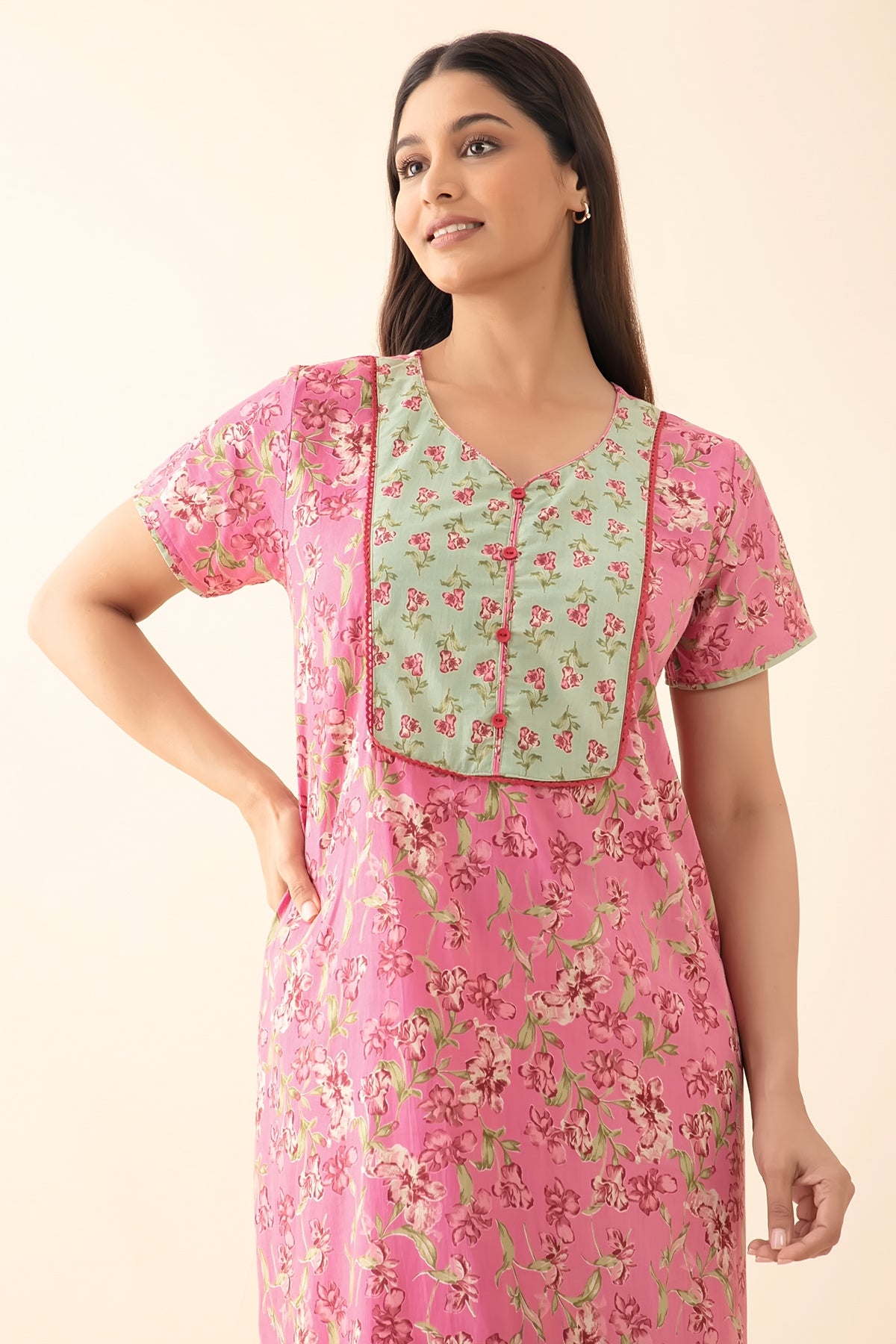 Floral Printed Nighty with Lace Embellishment - Pink