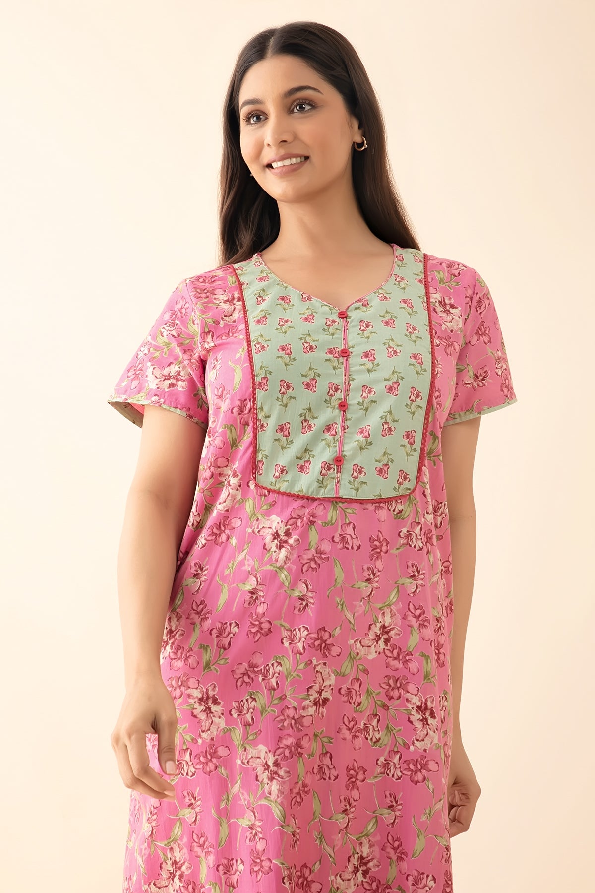 Floral Printed Nighty with Lace Embellishment - Pink