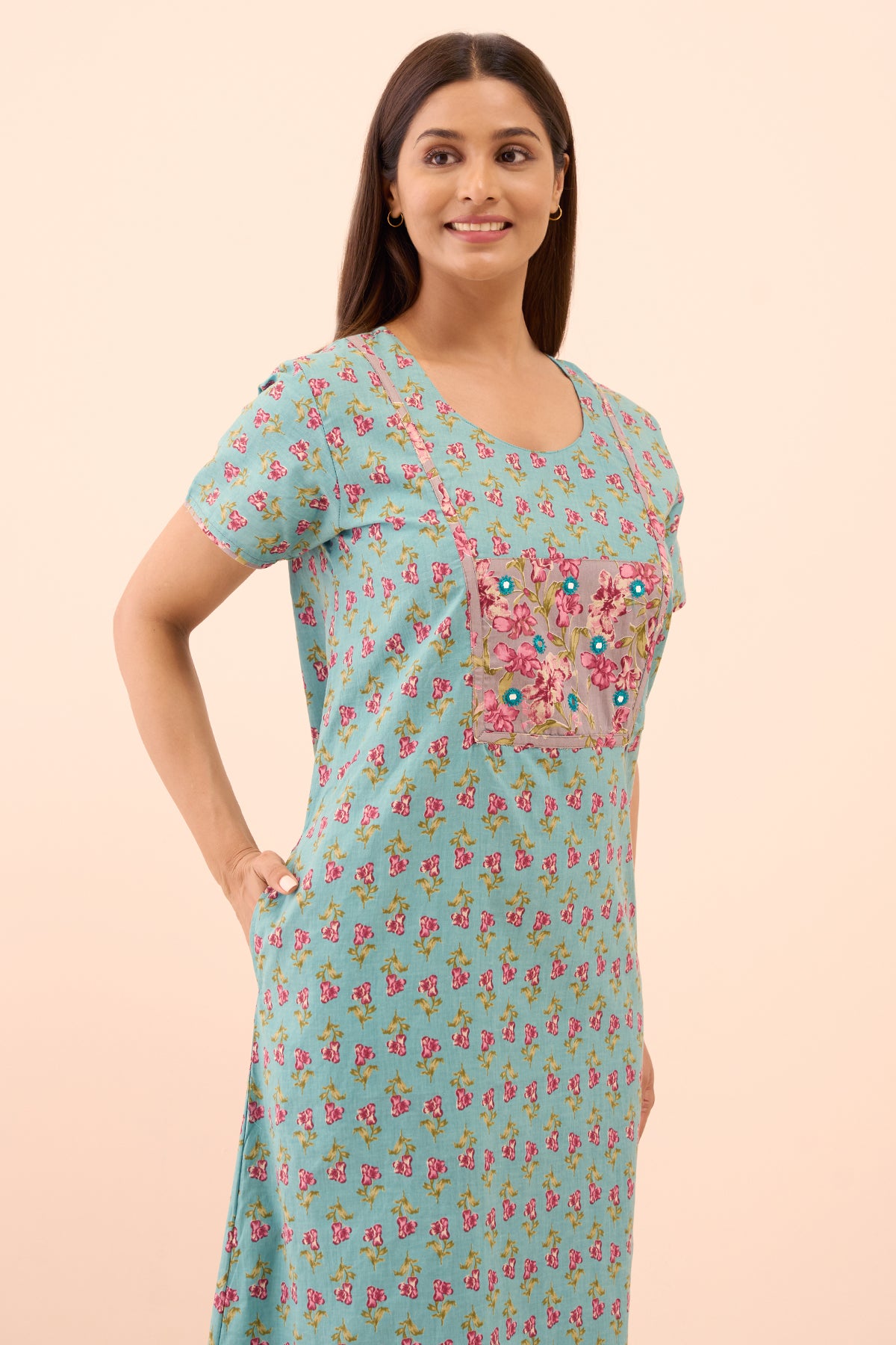 Floral Printed Nighty with Mirror Embellishment - Blue