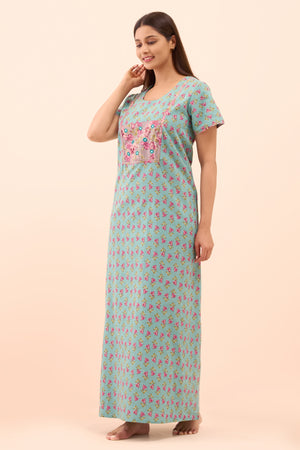 Floral Printed Nighty with Mirror Embellishment - Blue