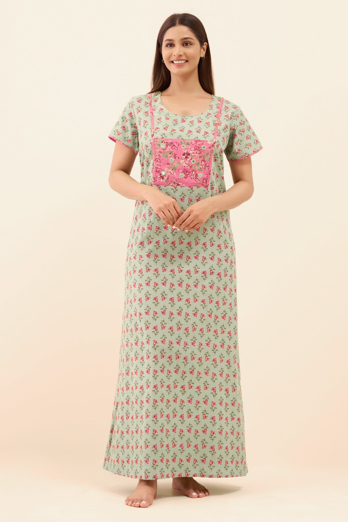 Floral Printed Nighty with Mirror Embellishment - Green