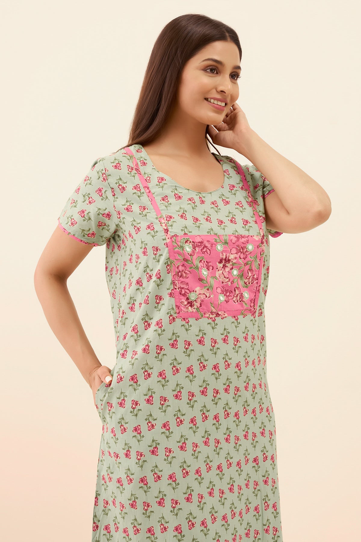 Floral Printed Nighty with Mirror Embellishment - Green