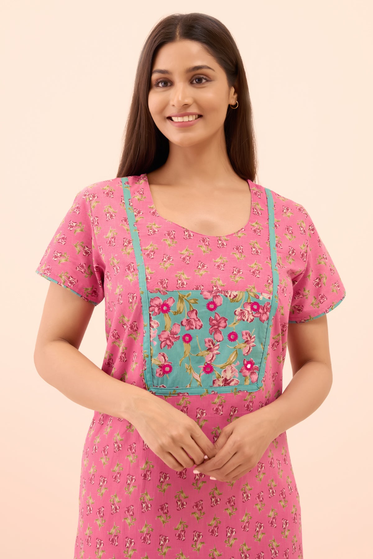 Floral Printed Nighty with Mirror Embellishment - Pink