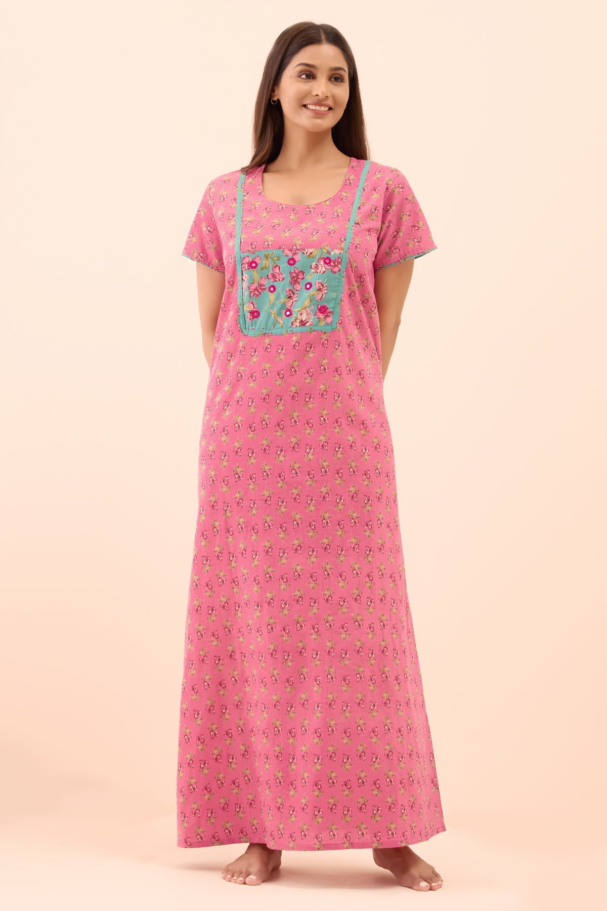 Floral Printed Nighty with Mirror Embellishment - Pink