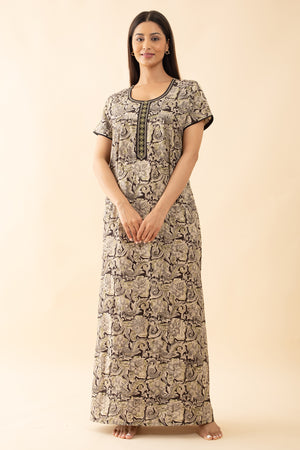 Kalamkai Printed & Embroidered Nighty - Black