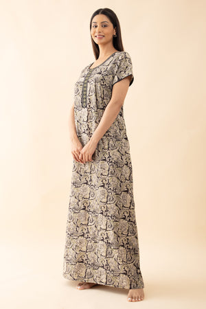 Kalamkai Printed & Embroidered Nighty - Black