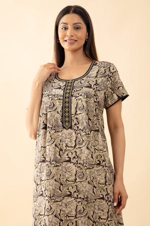 Kalamkai Printed & Embroidered Nighty - Black