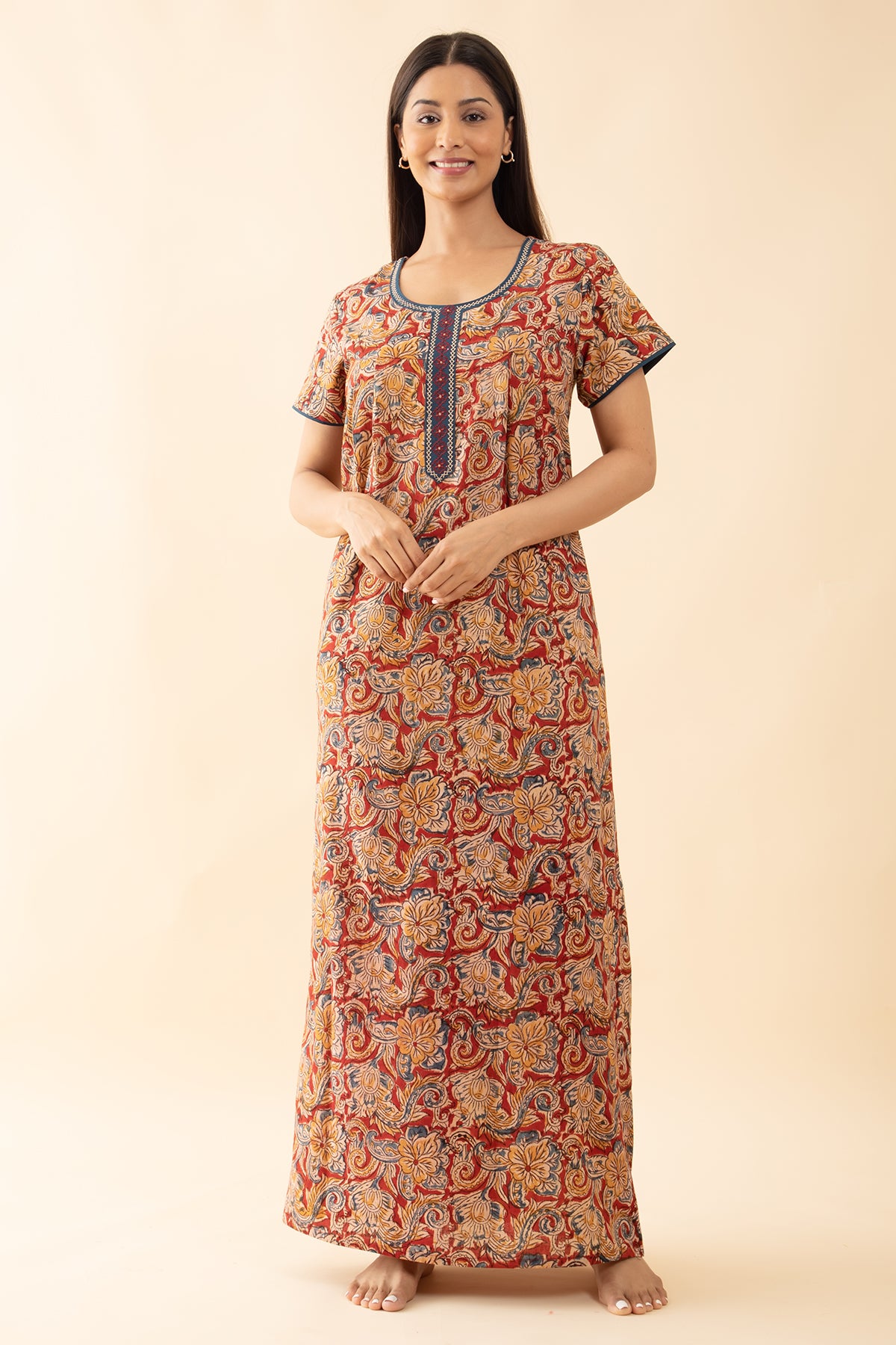 Kalamkai Printed & Embroidered Nighty - Red