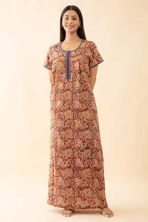 Kalamkai Printed & Embroidered Nighty - Red