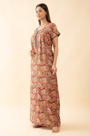 Kalamkai Printed & Embroidered Nighty - Red