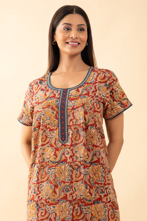 Kalamkai Printed & Embroidered Nighty - Red