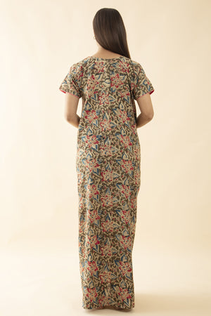 Kalamkari Printed nighty with Pin Tuck Yoke - Green