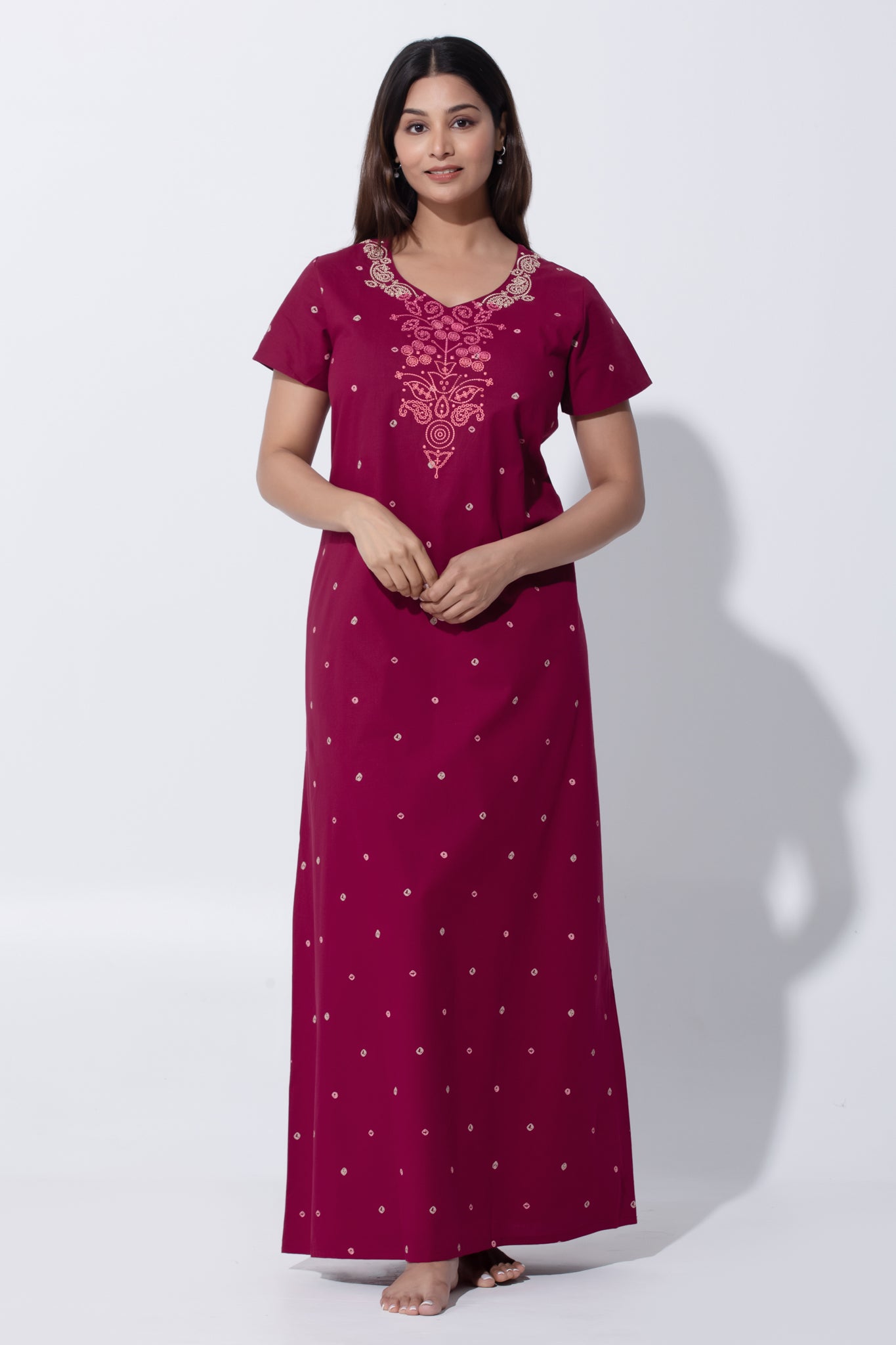 Bandhni Printed & Embroidered Yoke Nighty