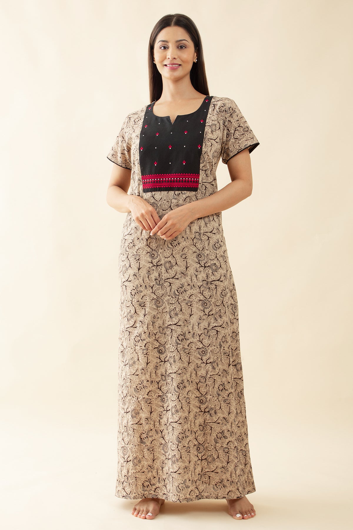 Kalamkari Printed Nighty with Floral Embroidered Yoke - Black