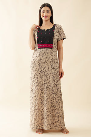 Kalamkari Printed Nighty with Floral Embroidered Yoke - Black