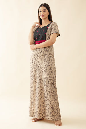 Kalamkari Printed Nighty with Floral Embroidered Yoke - Black