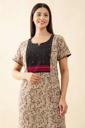 Kalamkari Printed Nighty with Floral Embroidered Yoke - Black