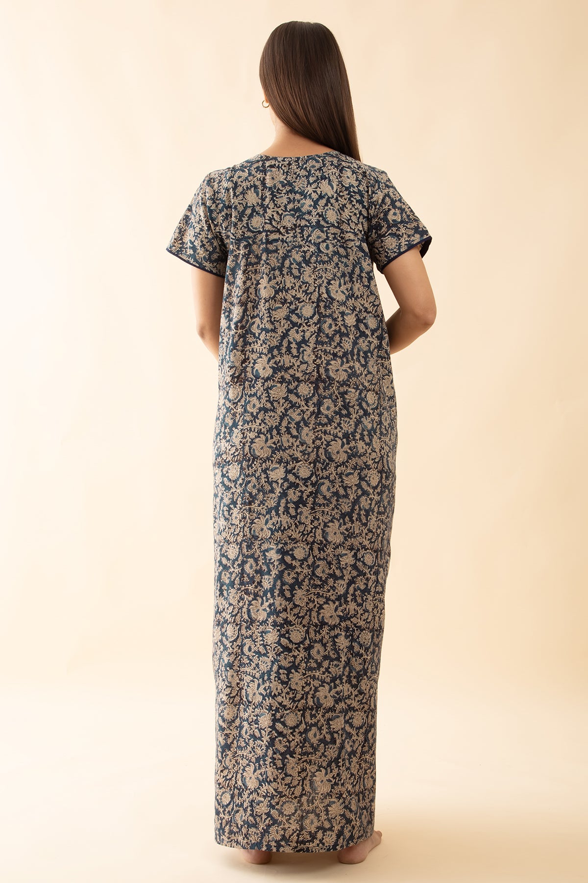 Kalamkari Printed Nighty with Floral Embroidered Yoke - Blue