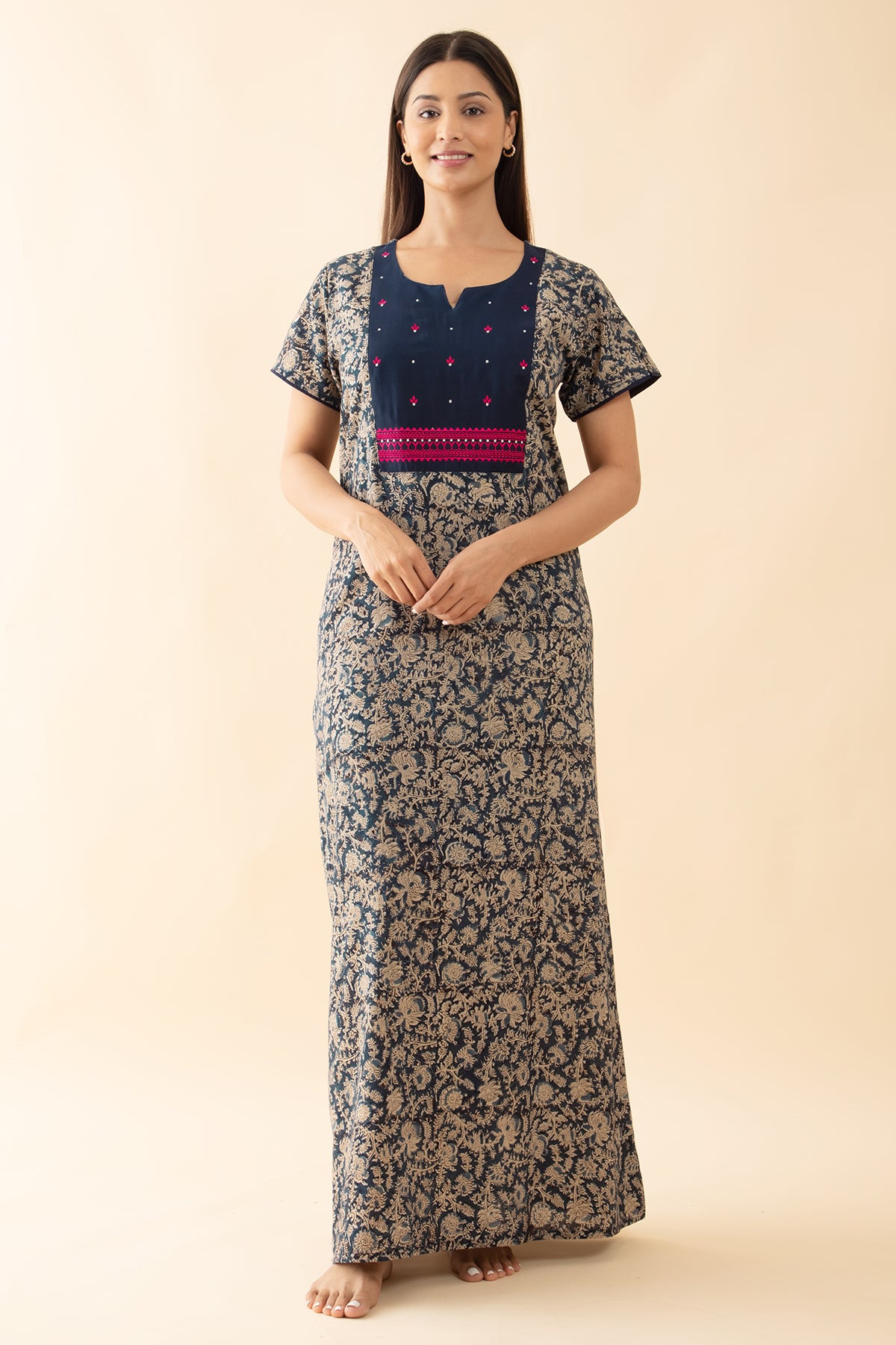 Kalamkari Printed Nighty with Floral Embroidered Yoke - Blue