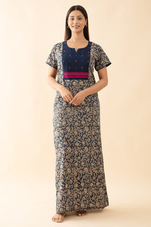 Kalamkari Printed Nighty with Floral Embroidered Yoke - Blue