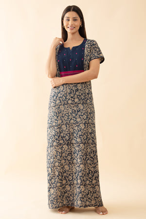 Kalamkari Printed Nighty with Floral Embroidered Yoke - Blue