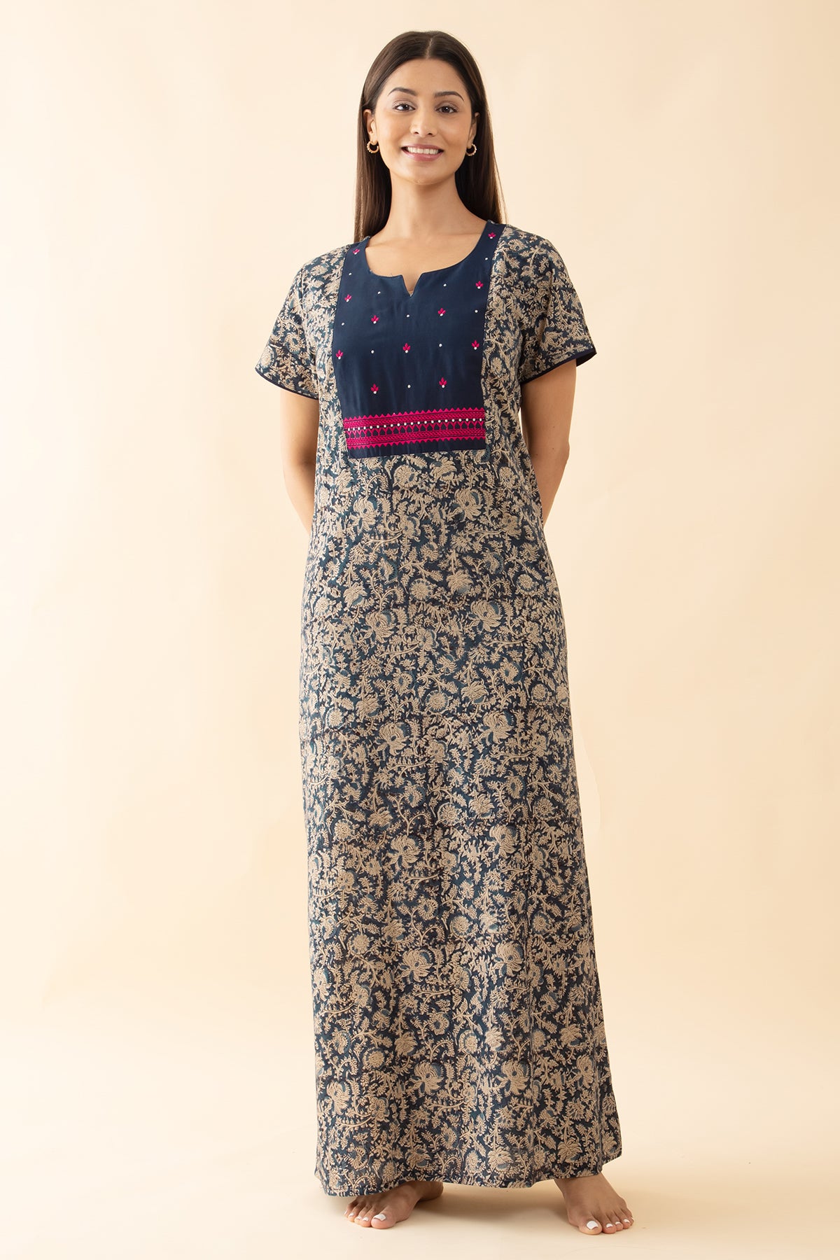 Kalamkari Printed Nighty with Floral Embroidered Yoke - Blue