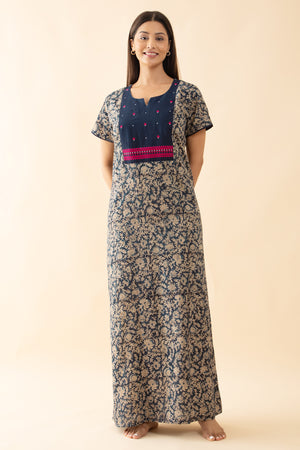 Kalamkari Printed Nighty with Floral Embroidered Yoke - Blue