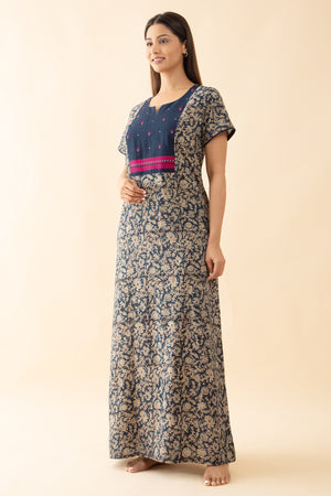 Kalamkari Printed Nighty with Floral Embroidered Yoke - Blue