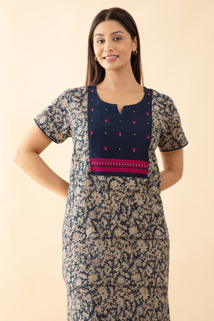 Kalamkari Printed Nighty with Floral Embroidered Yoke - Blue