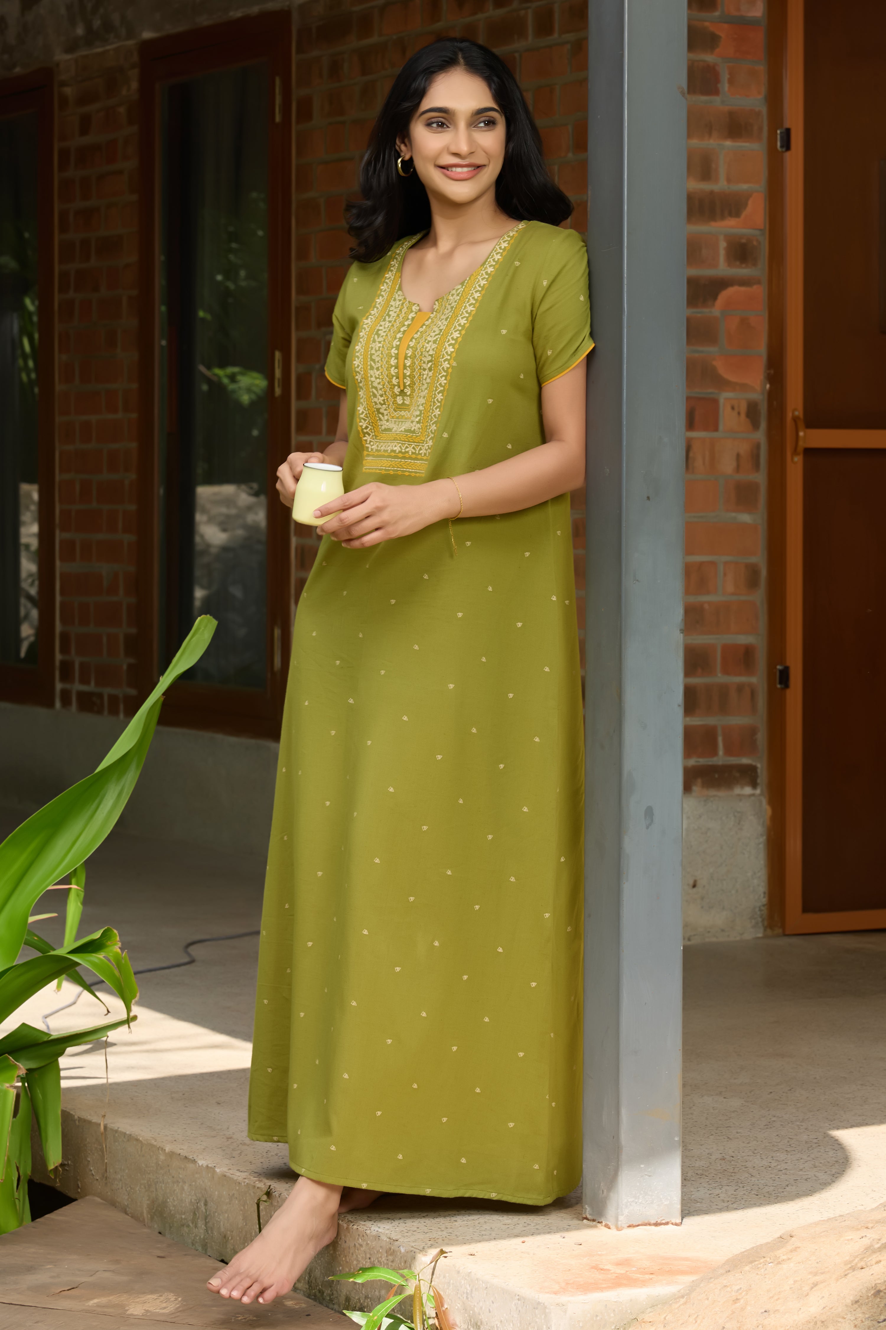 GREEN COTTON NIGHTWEAR WITH EMBROIDERED YOKE