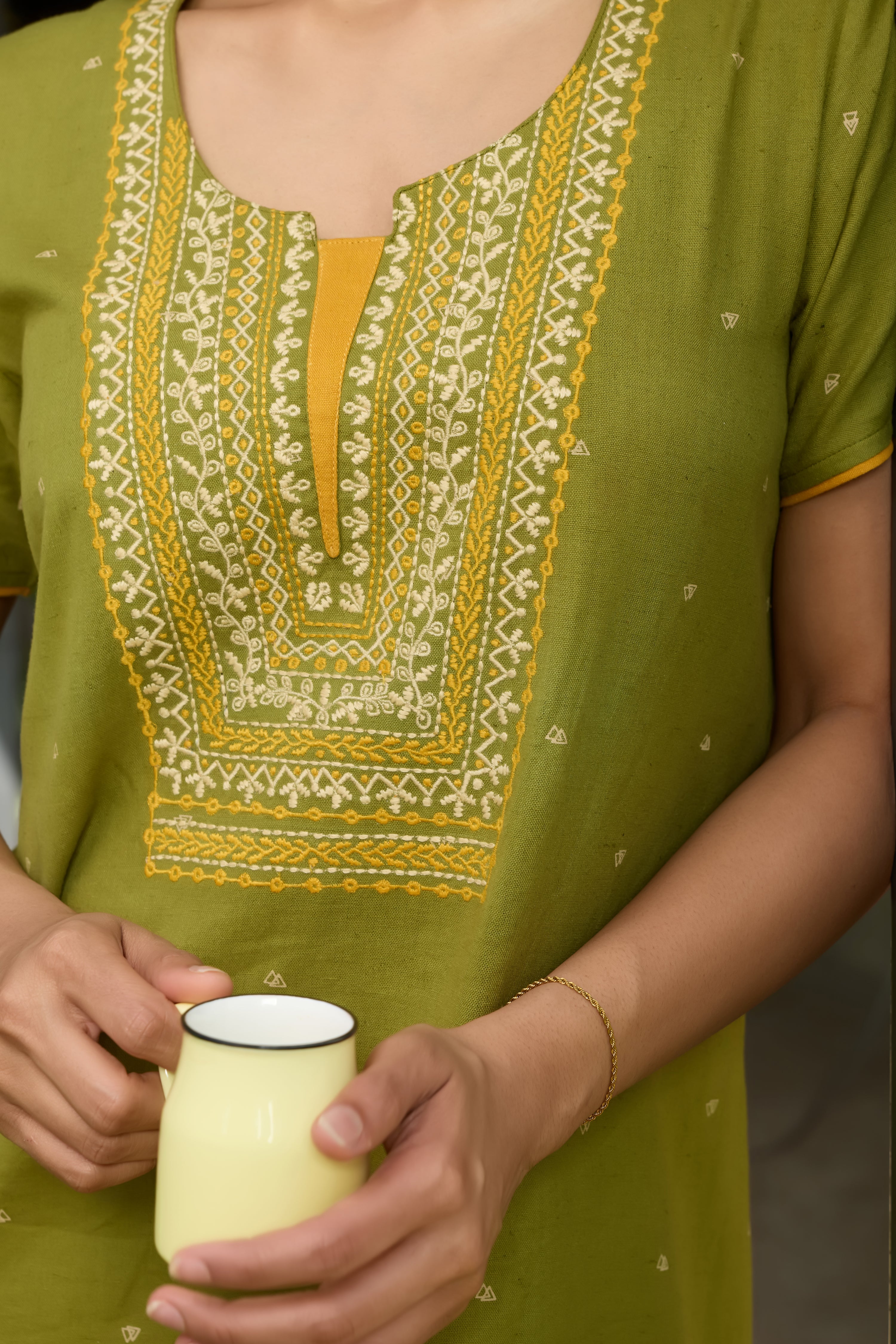 GREEN COTTON NIGHTWEAR WITH EMBROIDERED YOKE