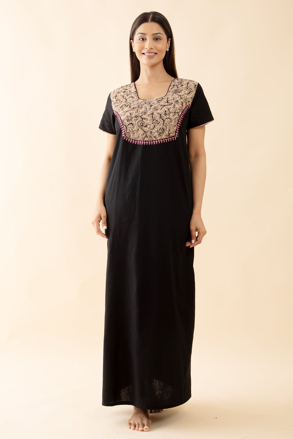 Solid Nighty with Kalamkari Printed Yoke - Black