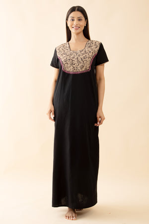 Solid Nighty with Kalamkari Printed Yoke - Black