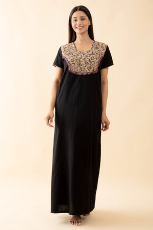 Solid Nighty with Kalamkari Printed Yoke - Black