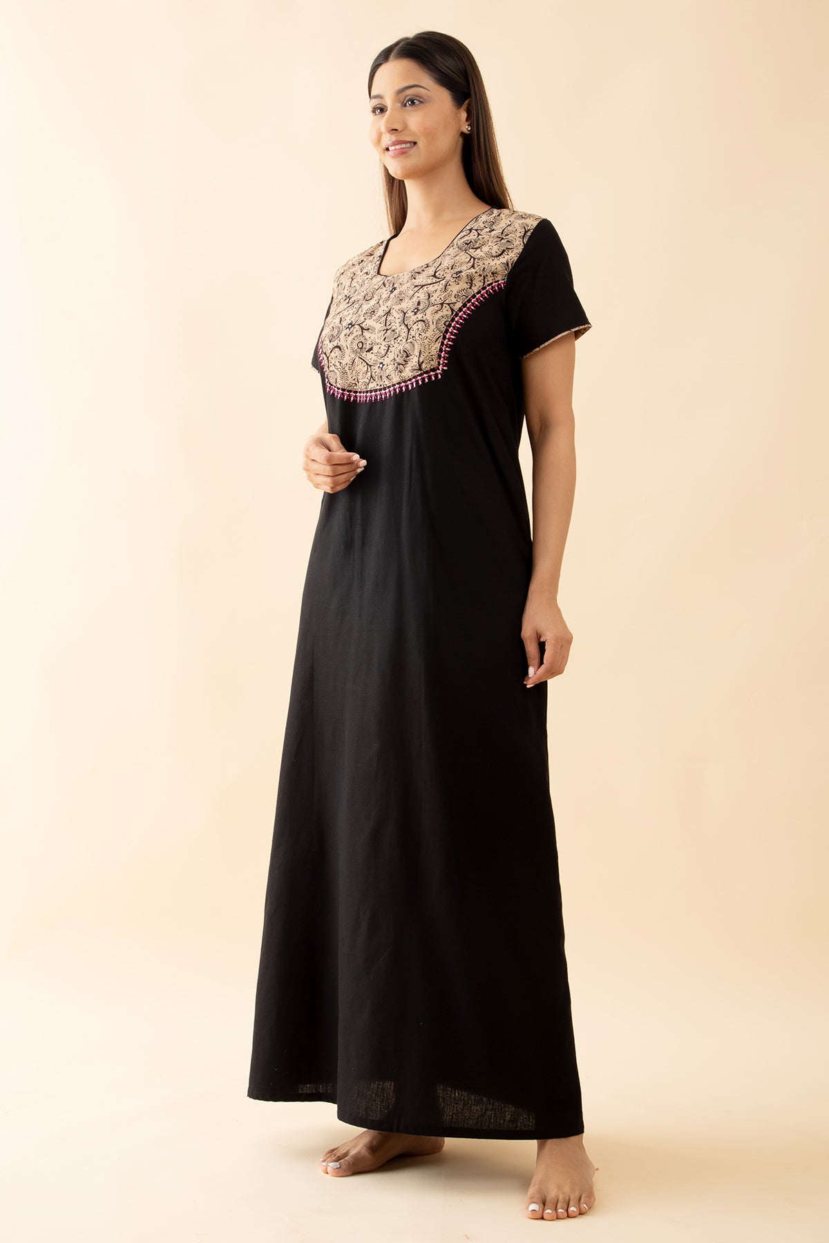 Solid Nighty with Kalamkari Printed Yoke - Black