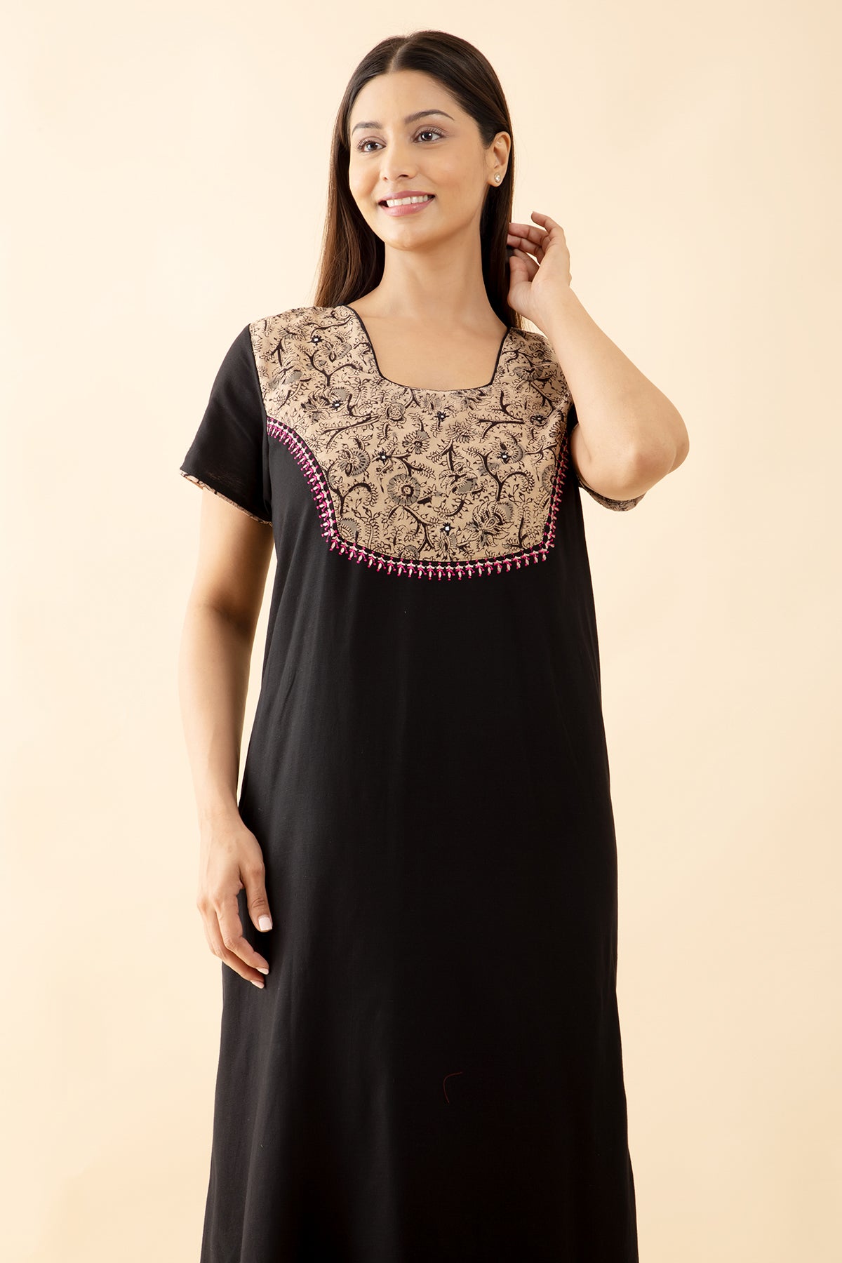 Solid Nighty with Kalamkari Printed Yoke - Black