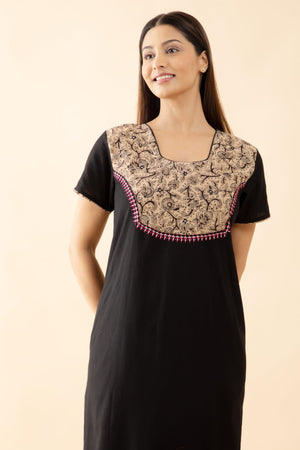 Solid Nighty with Kalamkari Printed Yoke - Black