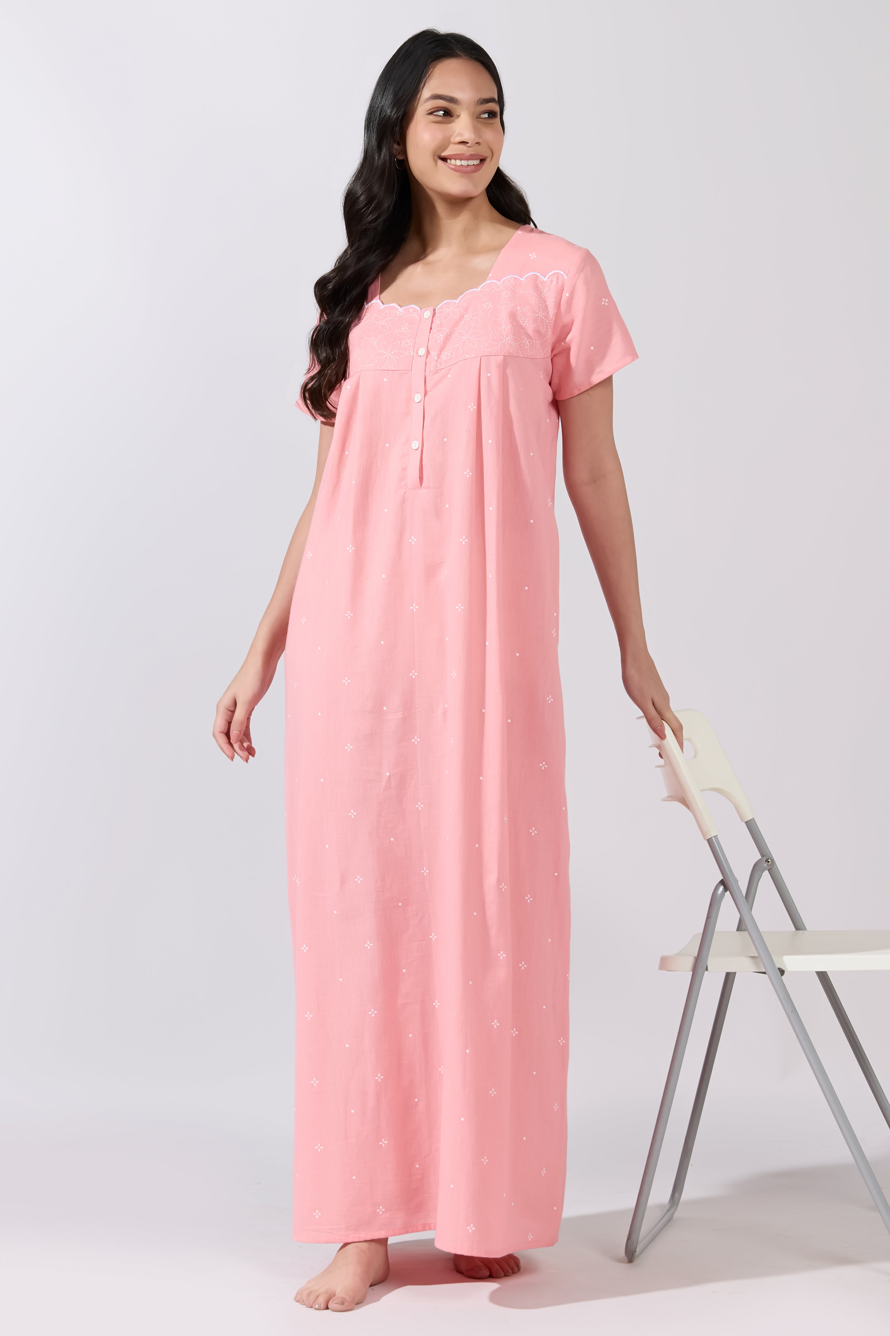Pink Polka Dot Cotton Nightwear with Floral Yoke