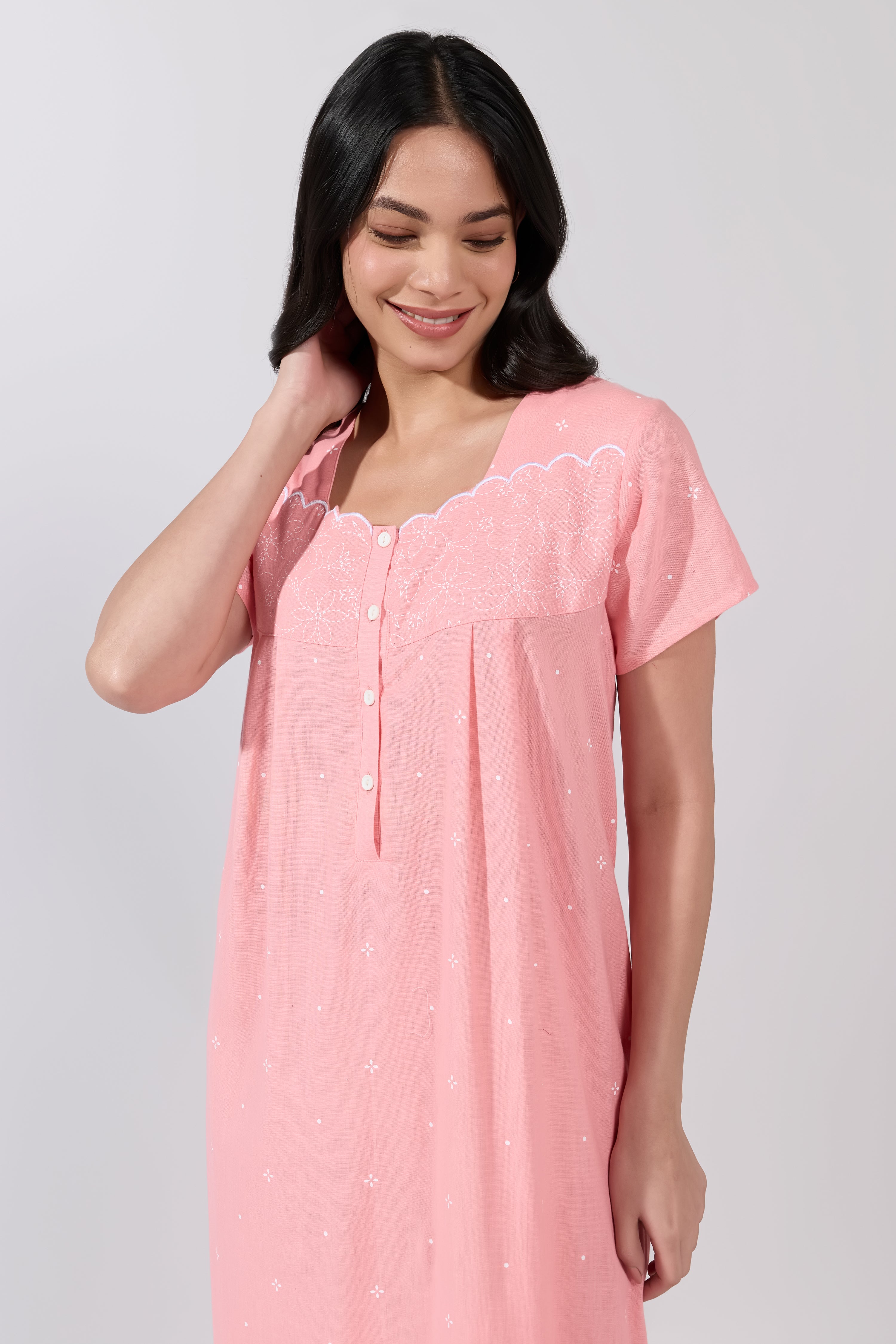 Pink Polka Dot Cotton Nightwear with Floral Yoke