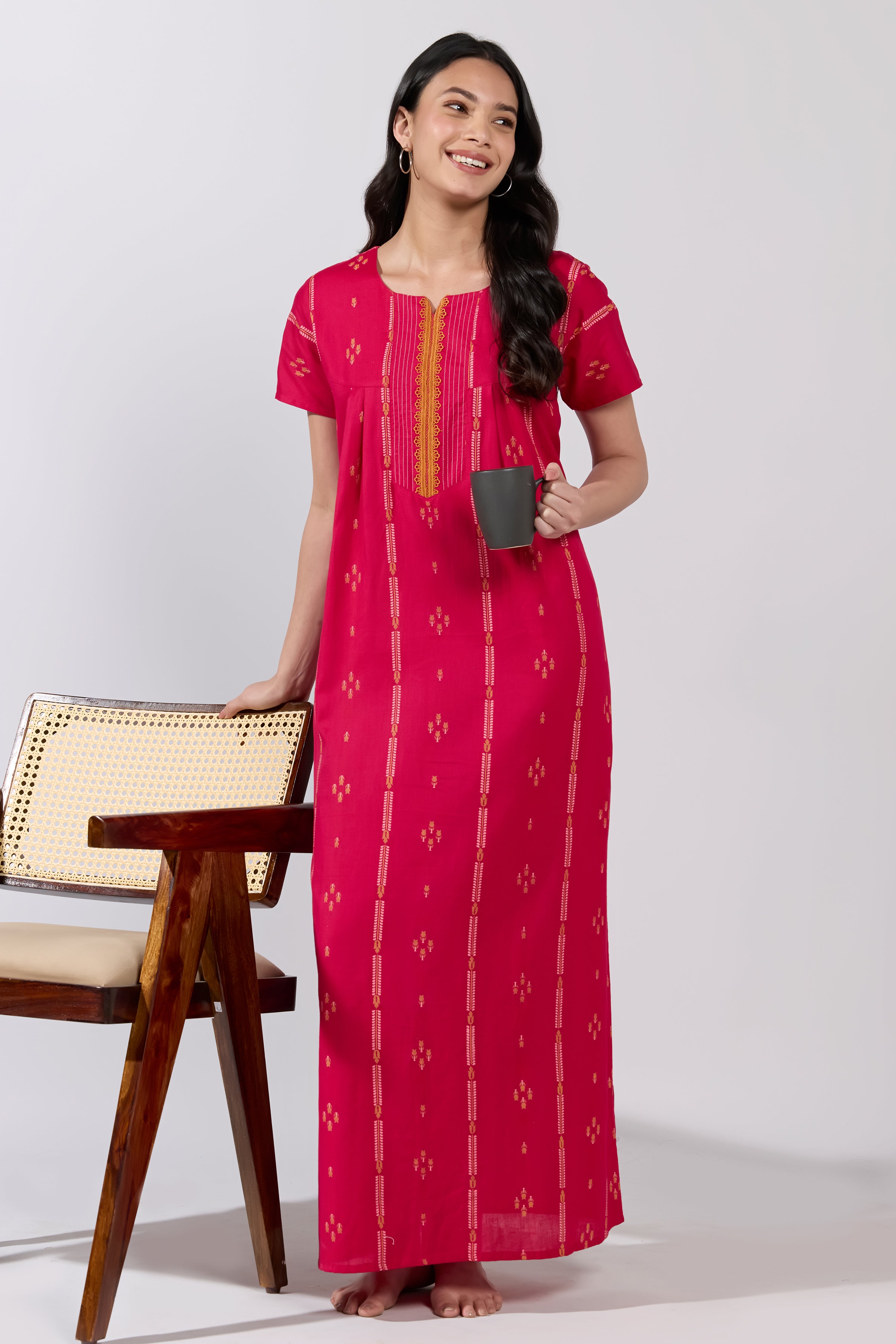 DARK PINK COTTON NIGHTWEAR WITH BUTTA PRINT