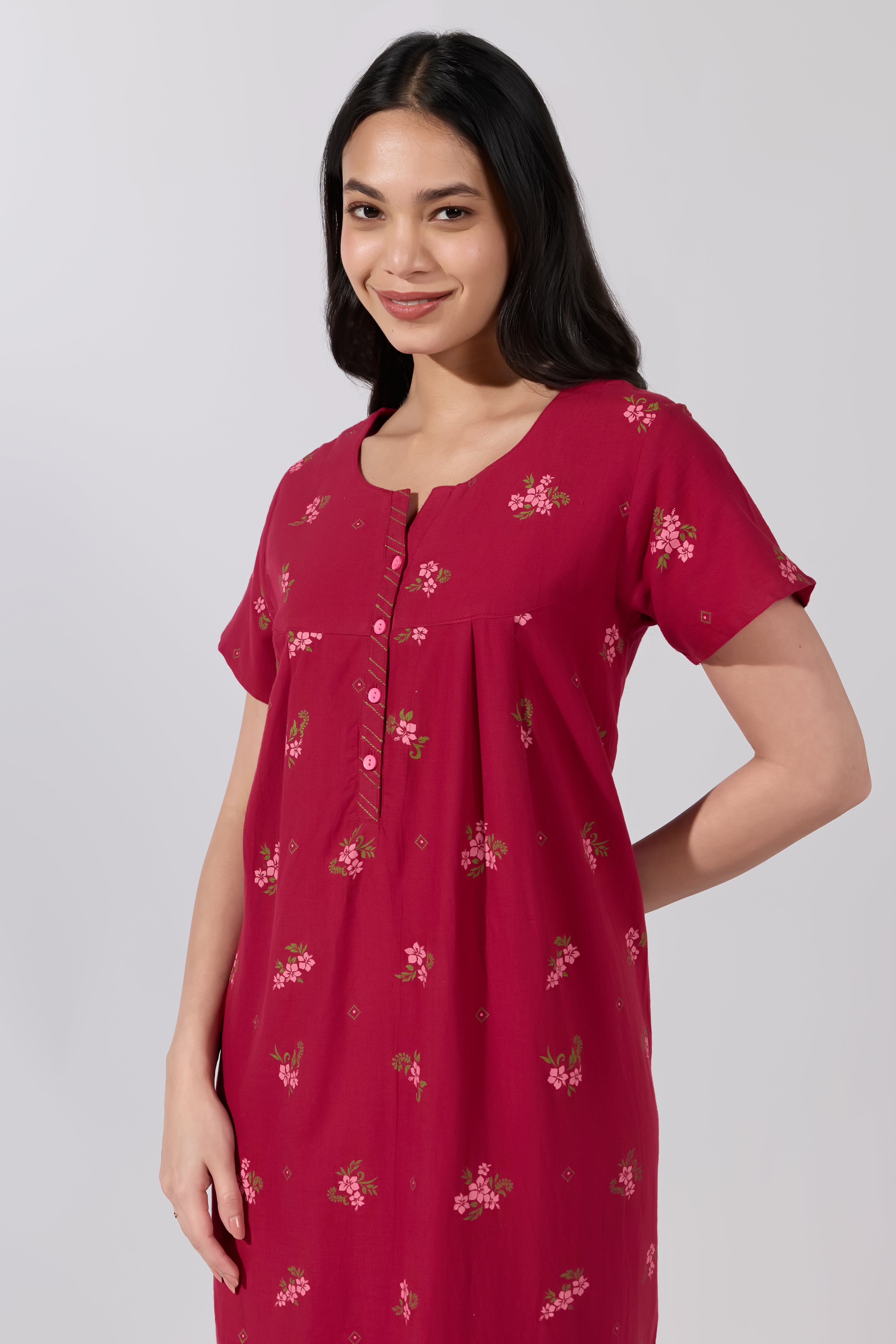 Maroon Floral Printed Cotton Nightwear