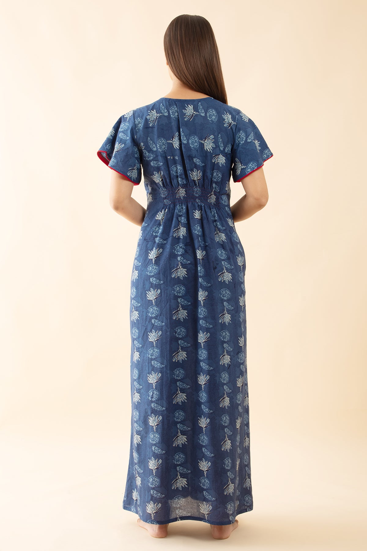 Indigo Printed Smocked Nighty with Front Tie-up - Blue