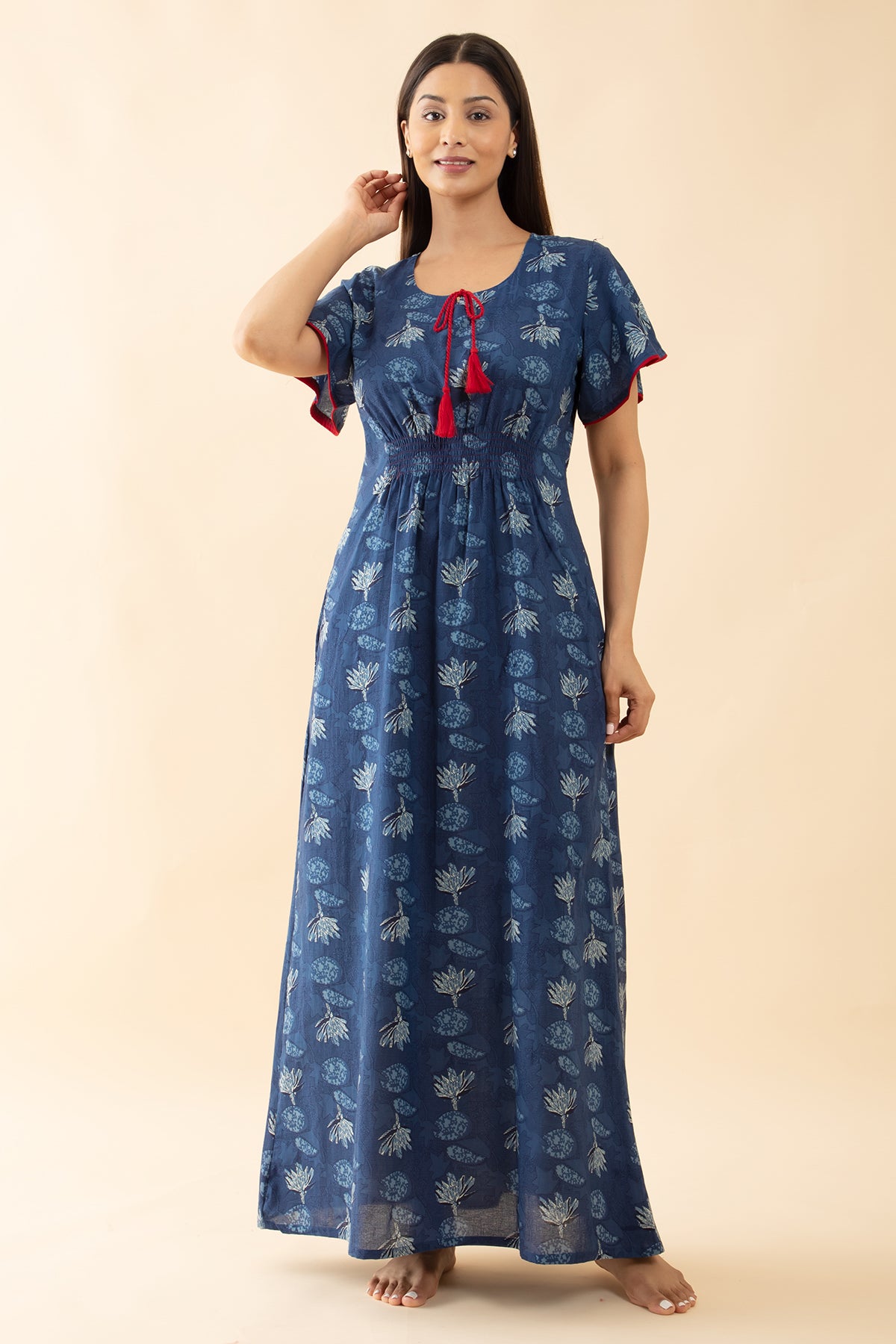 Indigo Printed Smocked Nighty with Front Tie-up - Blue