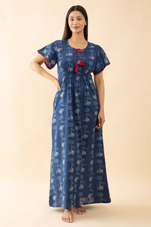 Indigo Printed Smocked Nighty with Front Tie-up - Blue