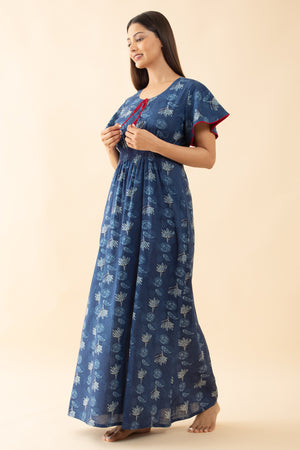 Indigo Printed Smocked Nighty with Front Tie-up - Blue