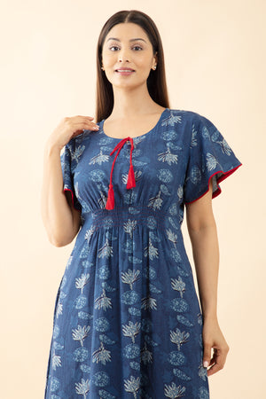 Indigo Printed Smocked Nighty with Front Tie-up - Blue