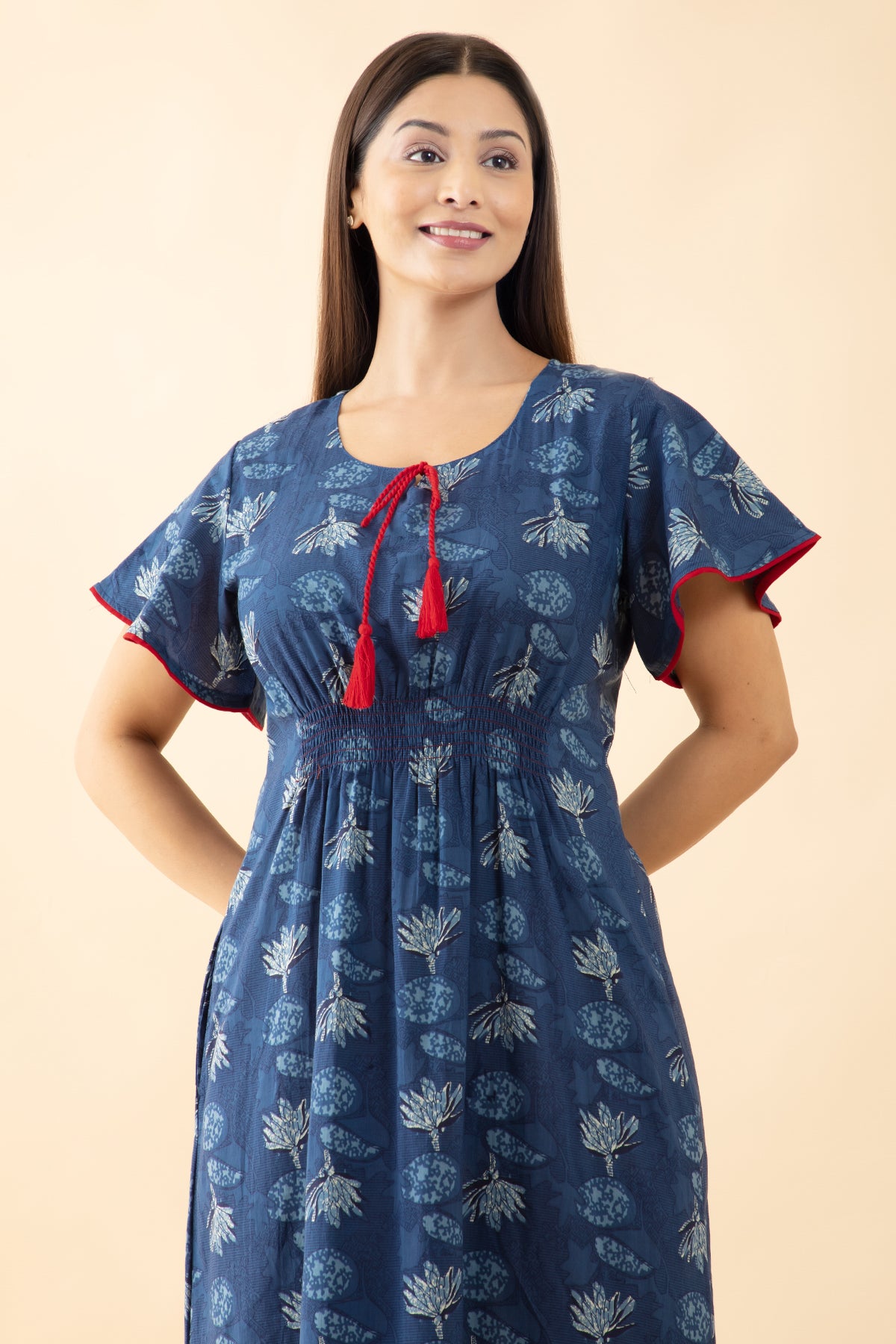 Indigo Printed Smocked Nighty with Front Tie-up - Blue