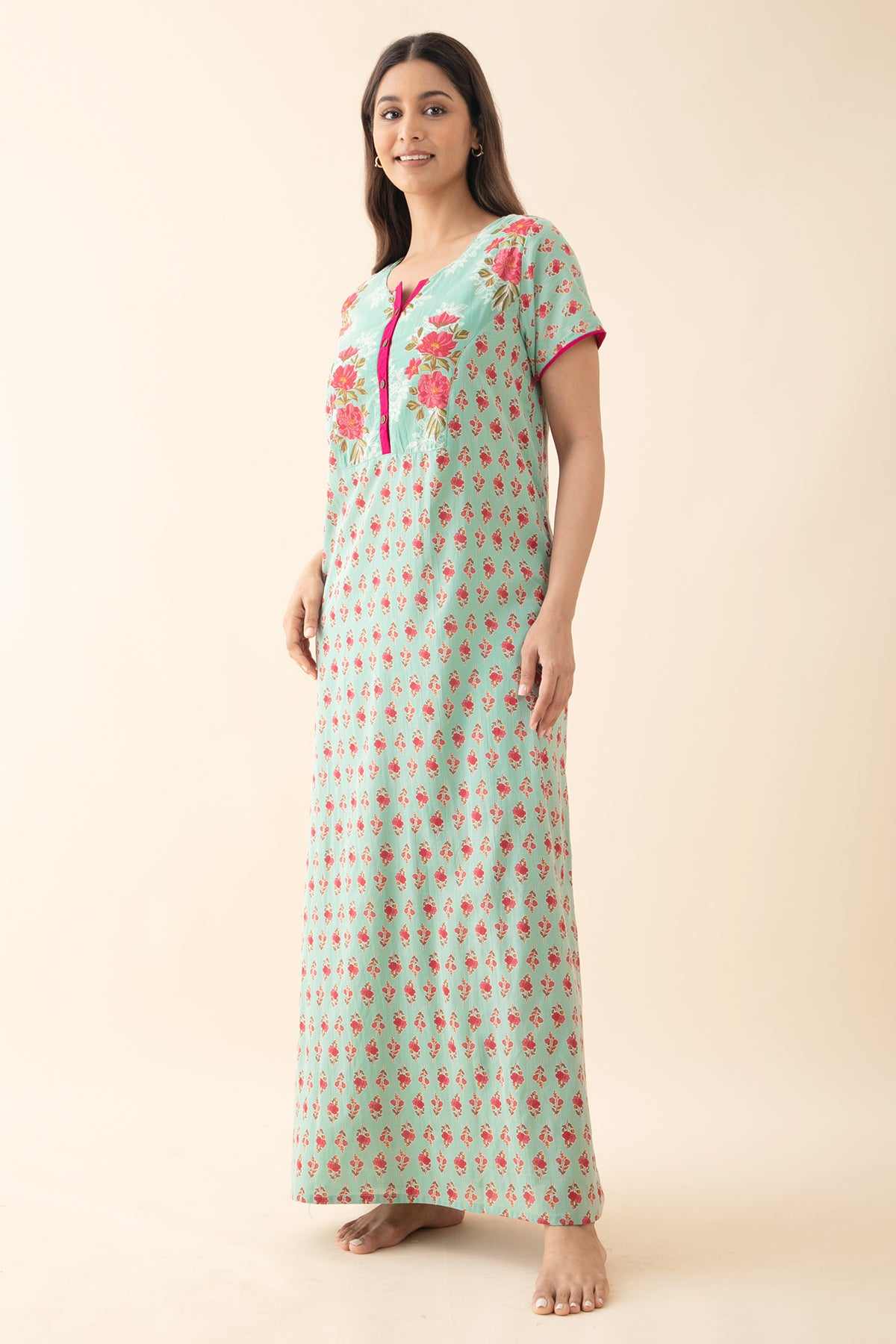 Floral Printed Cotton Nighty - Green