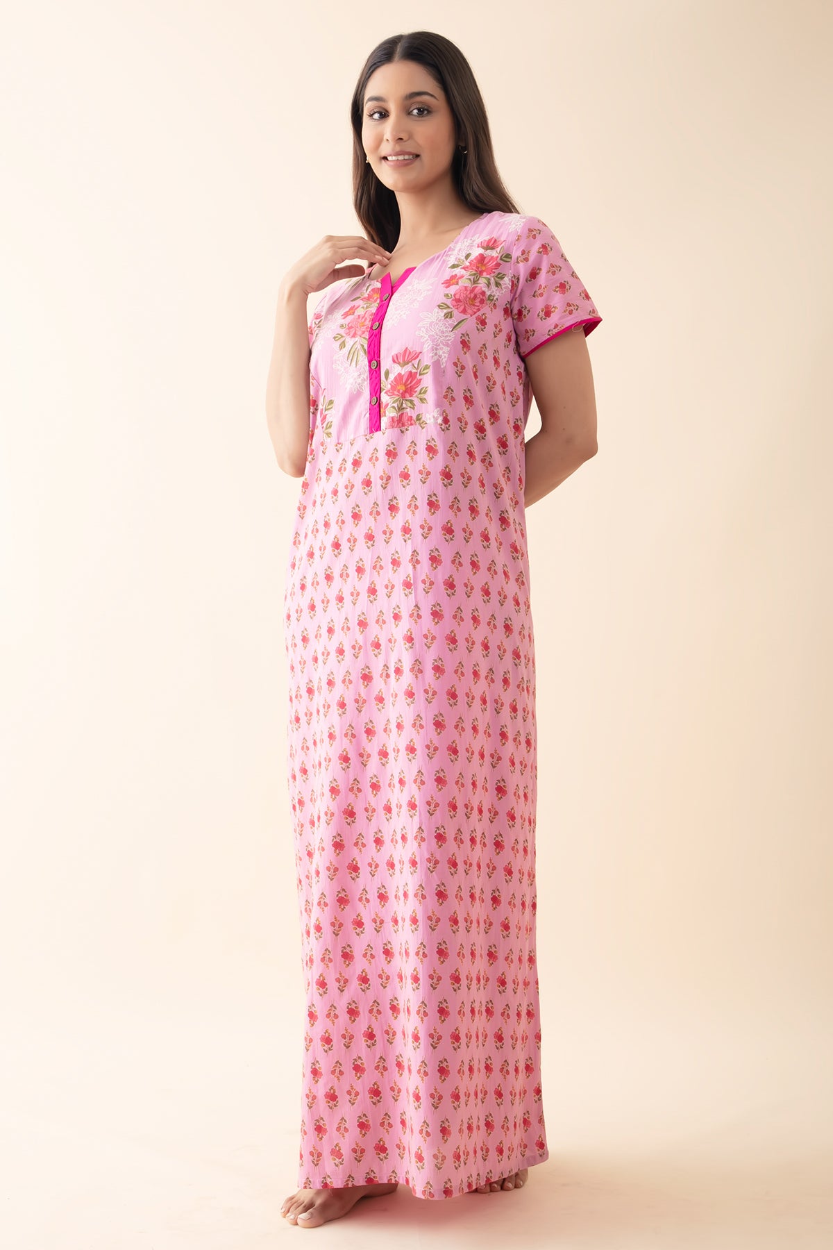 Floral Printed Cotton Nighty - Pink