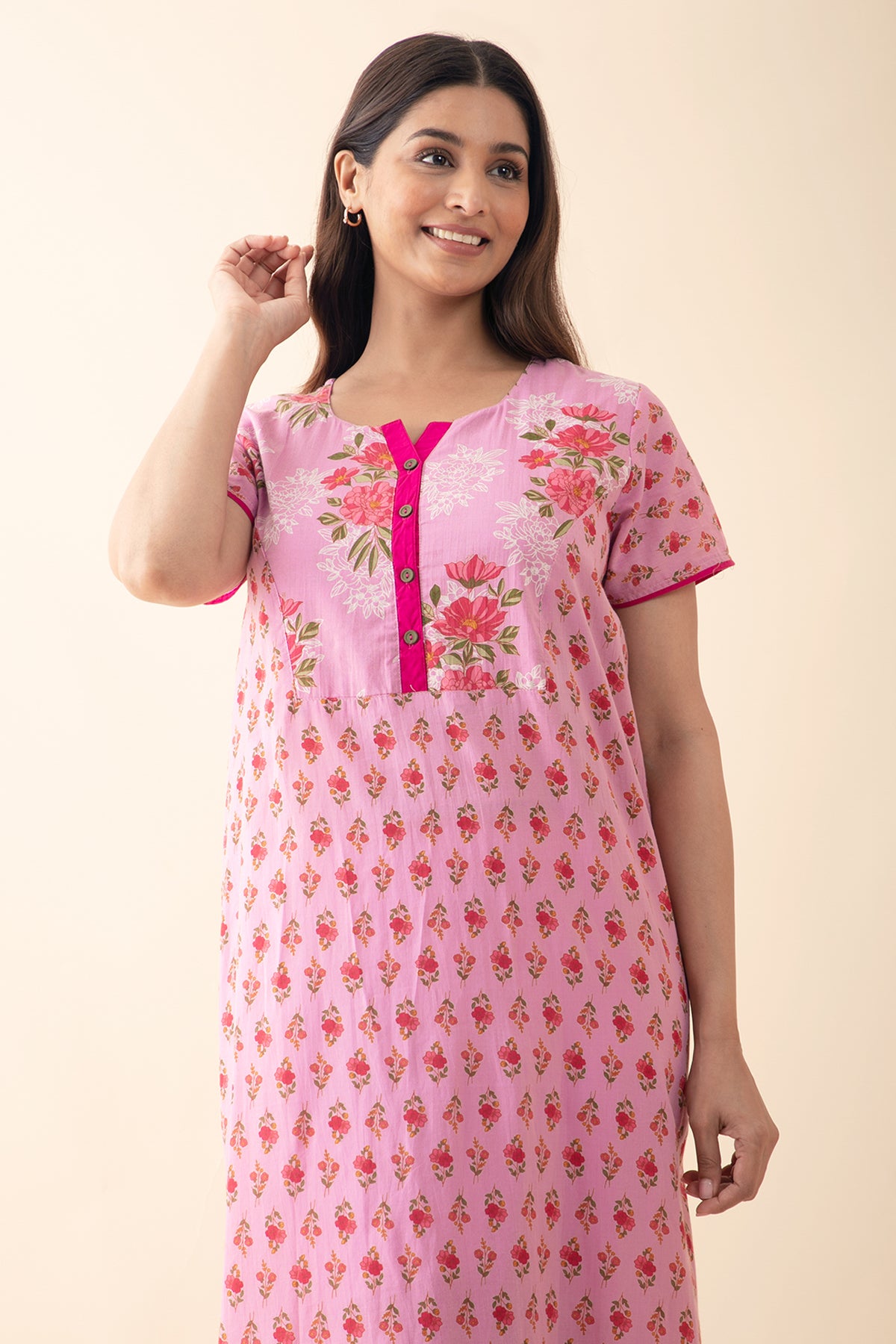 Floral Printed Cotton Nighty - Pink